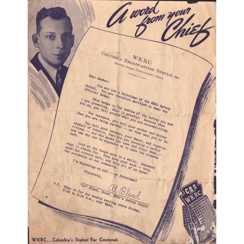 Vintage 1938 WKRC Safety Patrol Membership Certificate Cincinnati Al Bland Song - Picture 2 of 3
